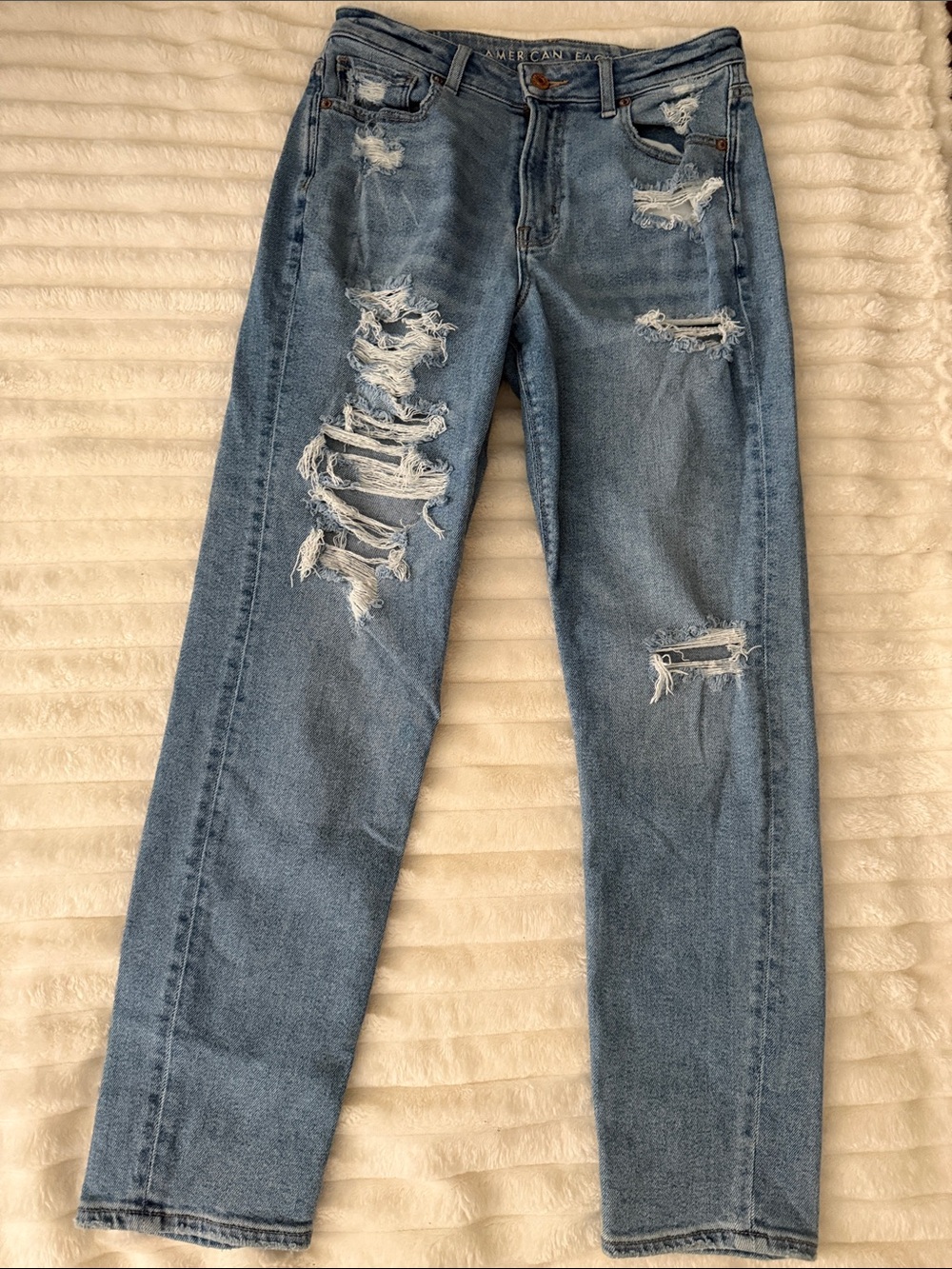 American Eagle Outfitters Distressed Straight Leg Jeans - Light Blue Denim